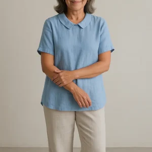 Blouse en Lin Femme Manches Courtes Col Peter Pan